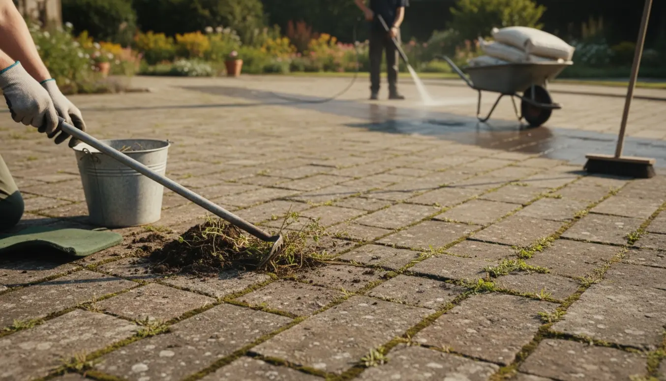 Fjernelse af ukrudt mellem fliser på en stor terrasse med hænder i handsker, værktøj og spand.