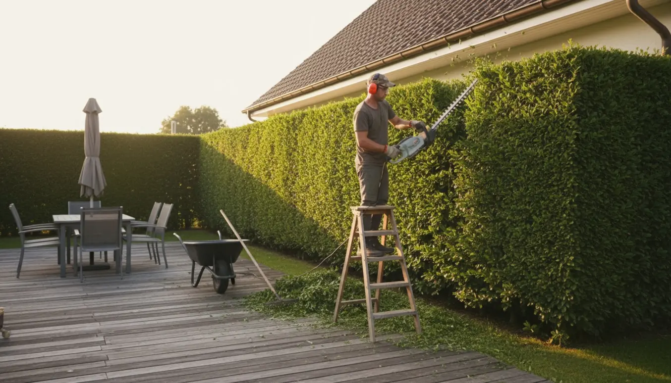 Hækkeklipning ved terrasse, hvor hækken er klippet ned under tagrenden med bunker af afklip ved siden af.
