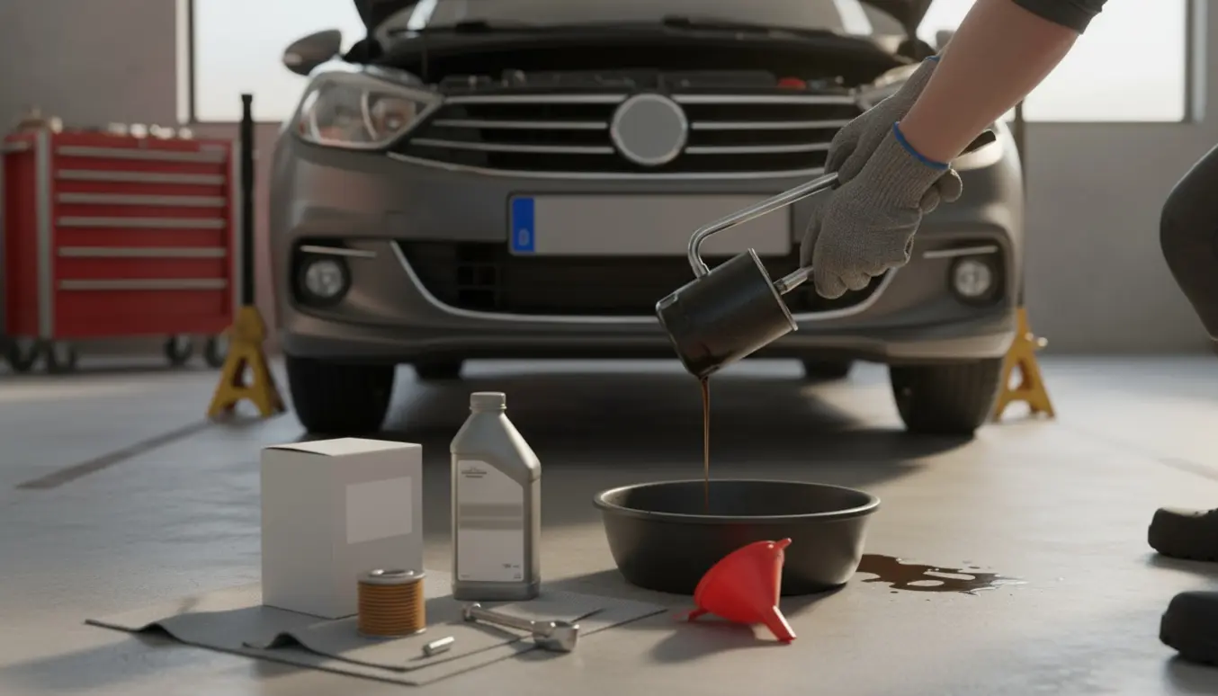 Nærbillede af olieskift på en lille hatchback med åben motorhjelm, dryppende motorolie og nyt oliefilter klar ved siden af.