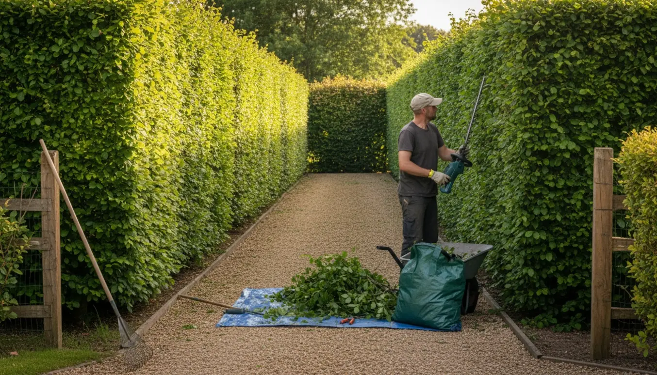 En havemand trimmer bøgehække og liguster langs skel med værktøj og afklip samlet i en trillebør.