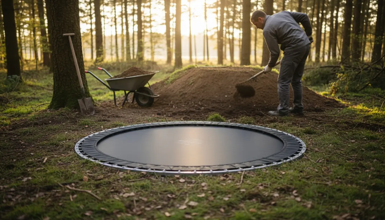 Nedgravet trampolin i skovområde med frisk jord, der bliver udjævnet på skråningen bagved.