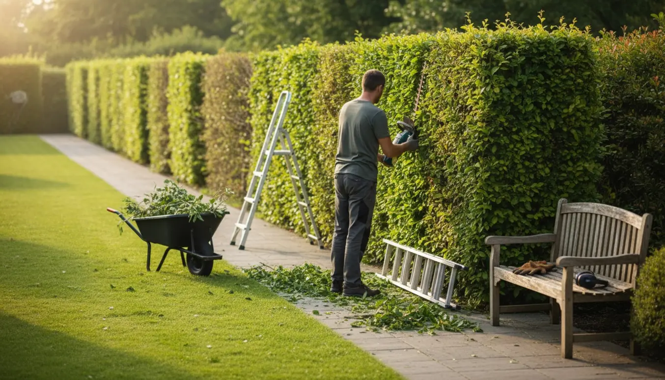 Gartner trimmer en lang hæk med elektrisk hækkeklipper, med nyklippede kanter og opsamlede kvas.