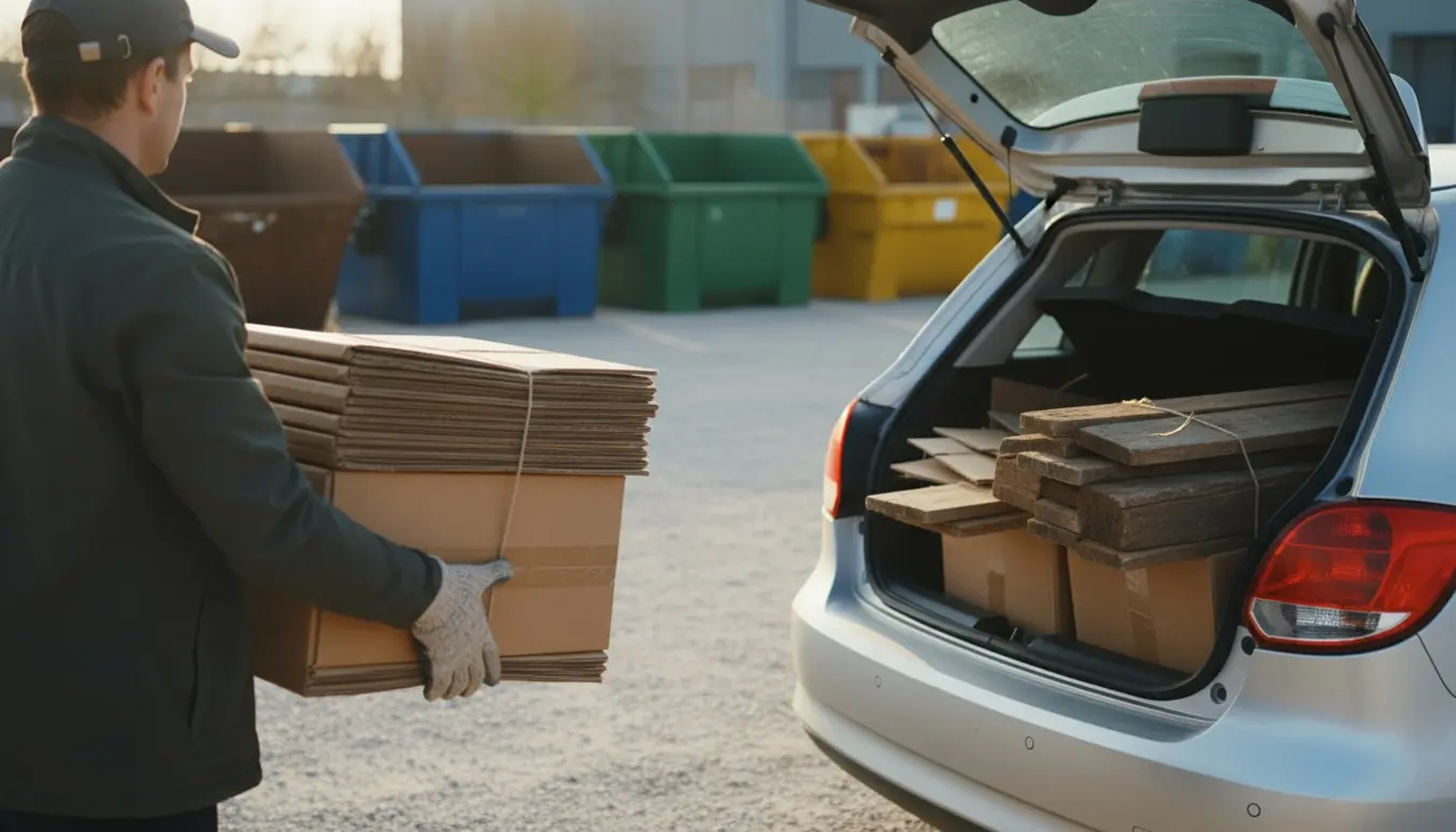 Åben bil med pap og træ ved en genbrugsplads, en person set bagfra læsser materialer af.