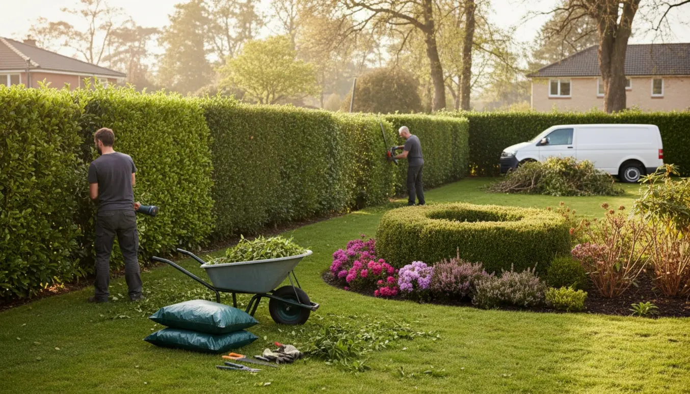 Professionel trimning af ligusterhæk og bed med trillebør fyldt med haveaffald og klar til bortkørsel.