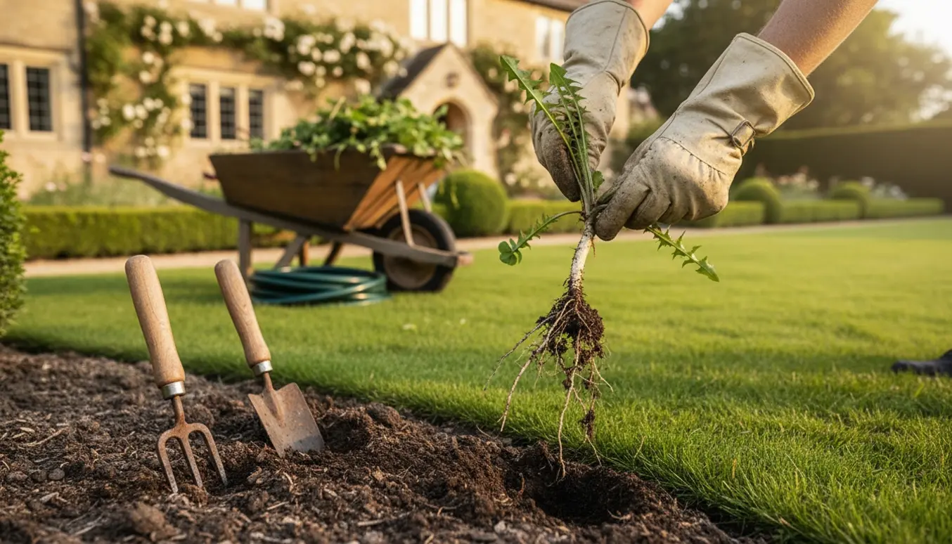 Nærbillede af handsker og haveredskaber mens ukrudt trækkes op ved havens kant.