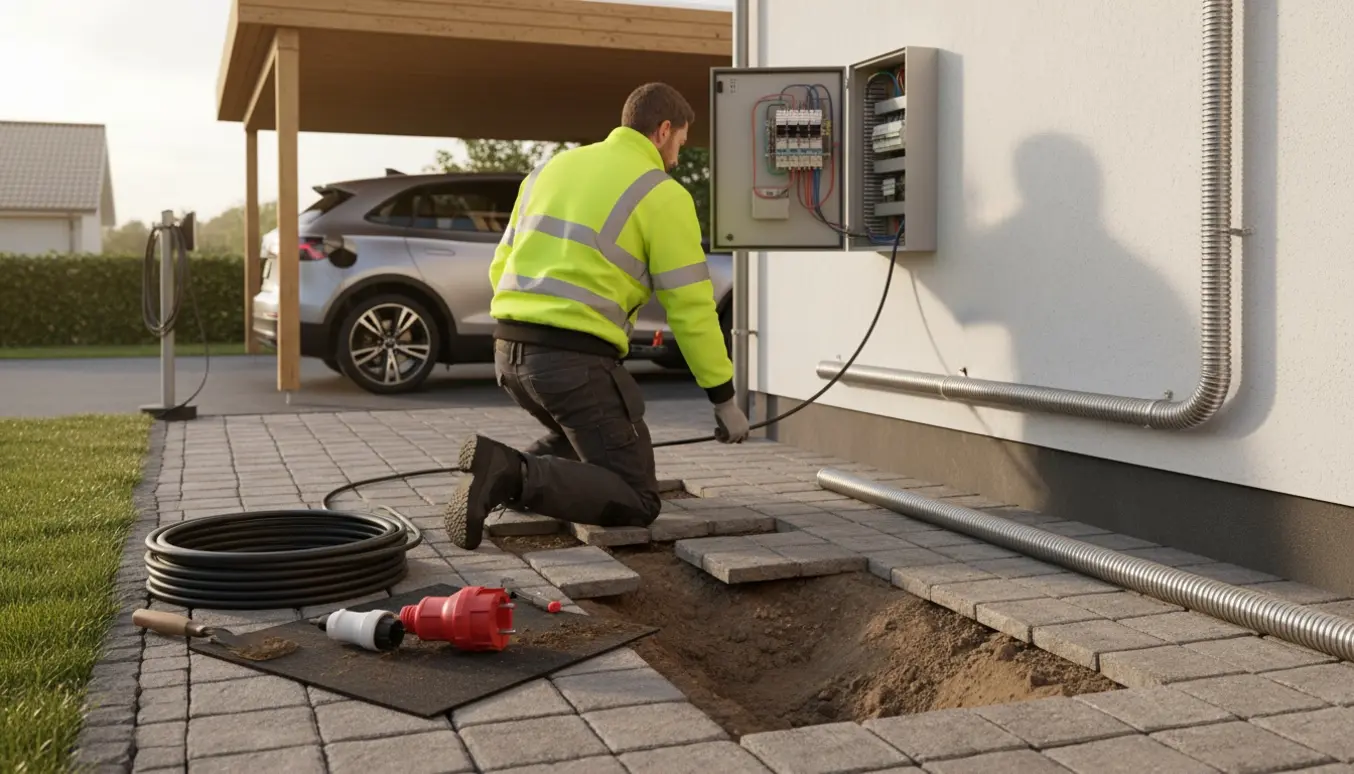 Autoriseret elektriker fører kabel under fliser mod carport til opladning af elbil.
