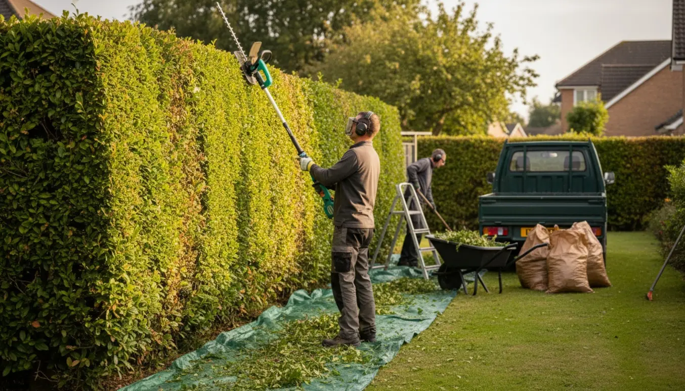Høj ligusterhæk klippes på én side og toppen, med bunker af afklip og værktøj ved siden af.