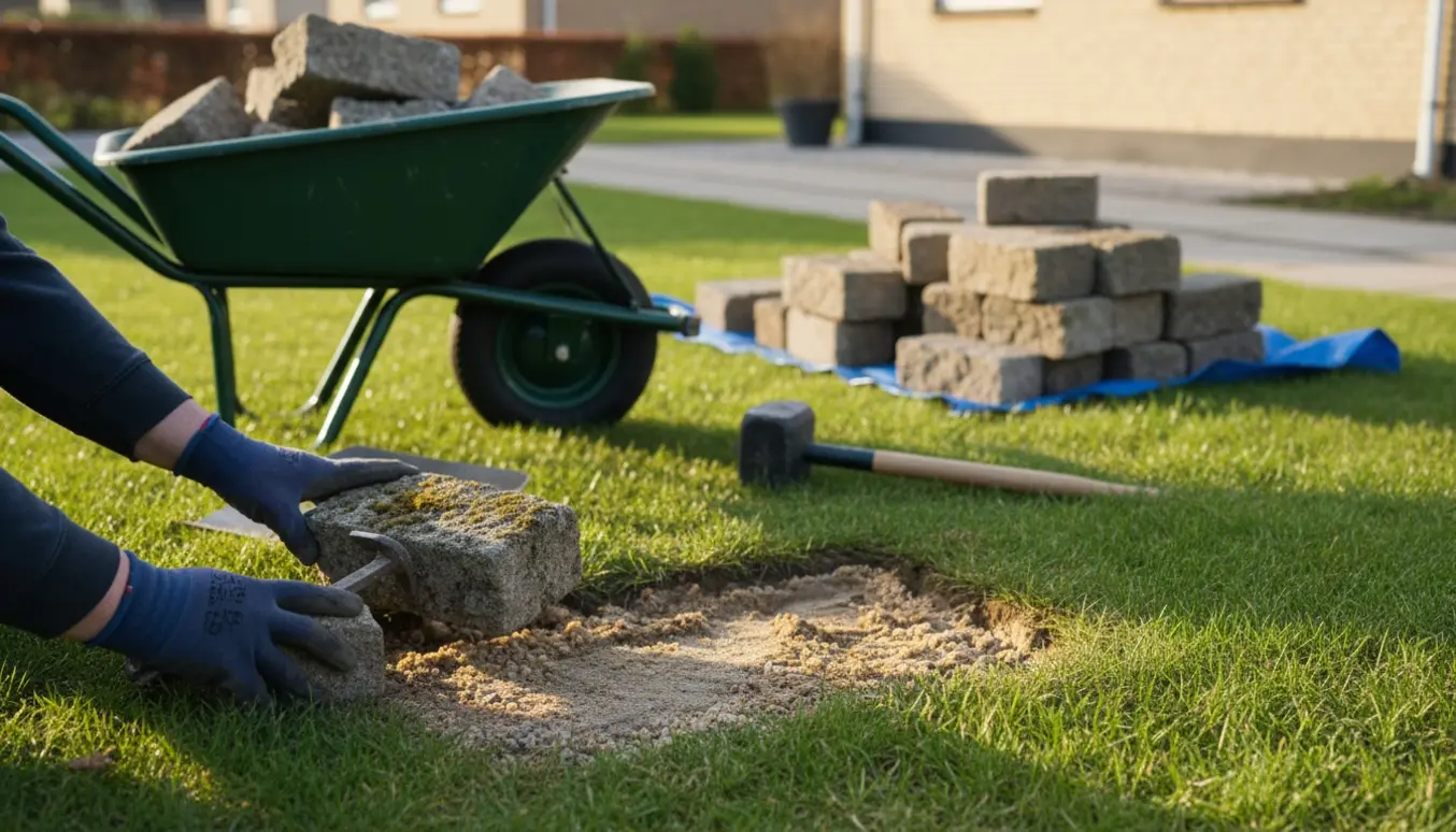 Hænder fjerner og stabler herregårdssten i forhaven foran huset til afhentning.