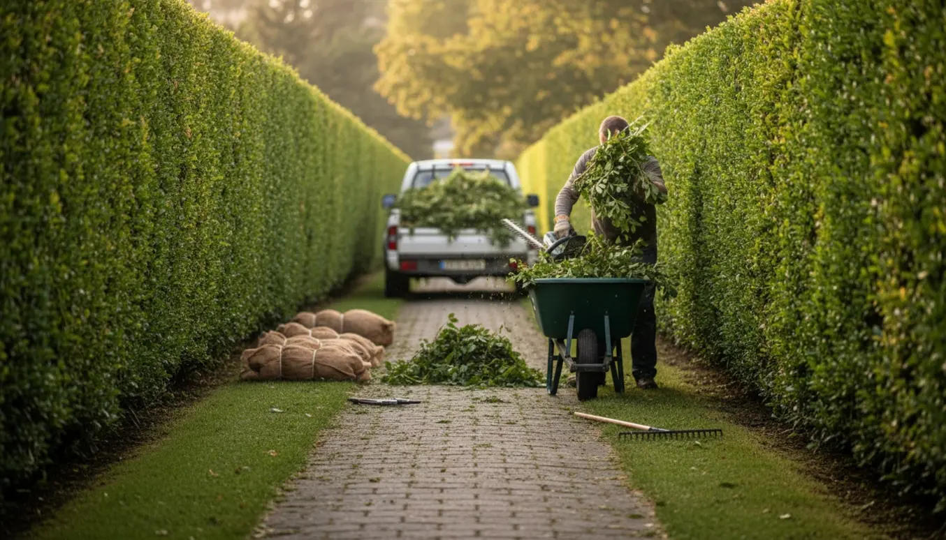 Lang indkørsel med velklippede 2 m høje hække på begge sider, haveredskaber og trailer fyldt med grønt affald.