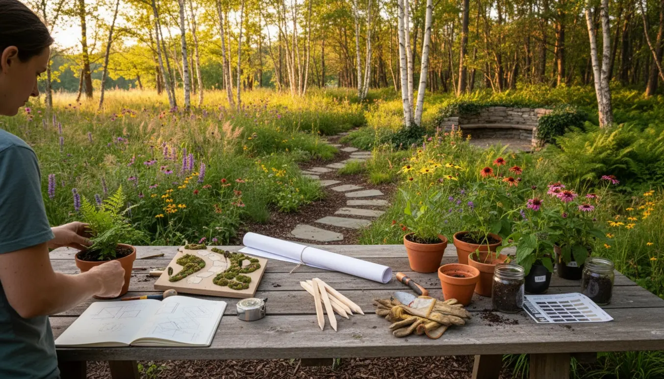 Havearkitekts arbejdsbord med planteprøver foran en vild have og lille skov.