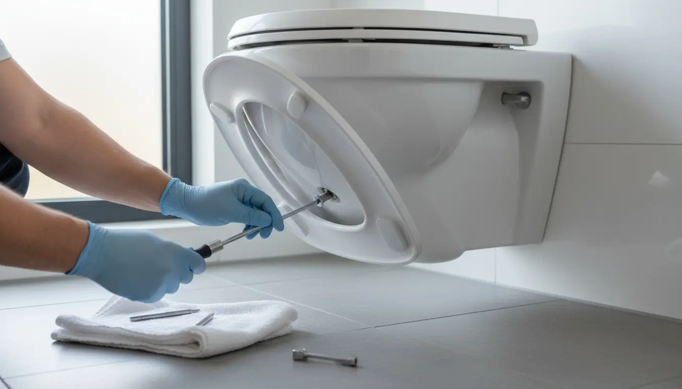 Nærbillede af et væghængt toilet, hvor hænder strammer et løst toiletsæde med vinkel-skruetrækker.