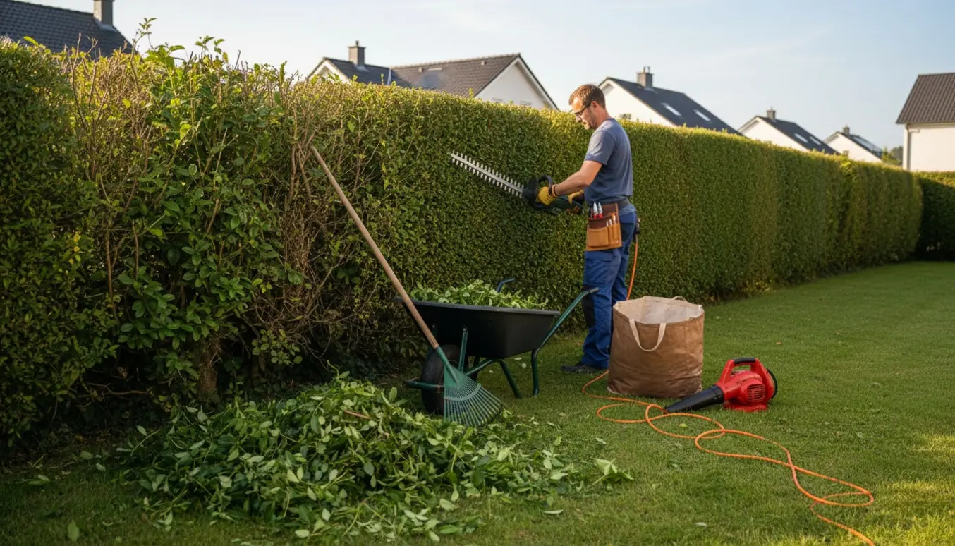 En havehæk klippes og afklip ryddes med rive og trillebør, hænder i handsker ses ved hækkeklipperen.