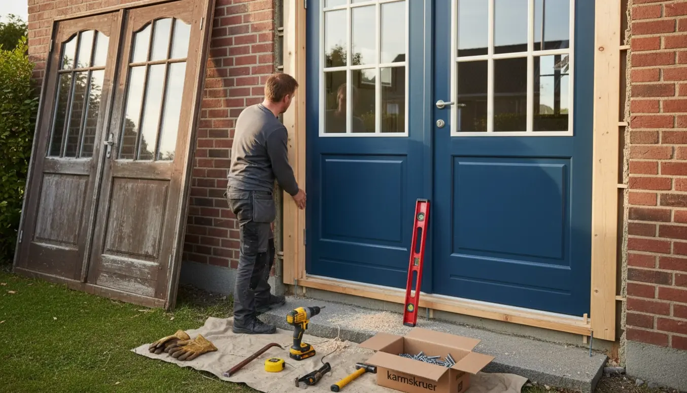 Udskiftning af dobbeltdør ved indgang, ny dør og karm delvist monteret med værktøj og skruer klar.