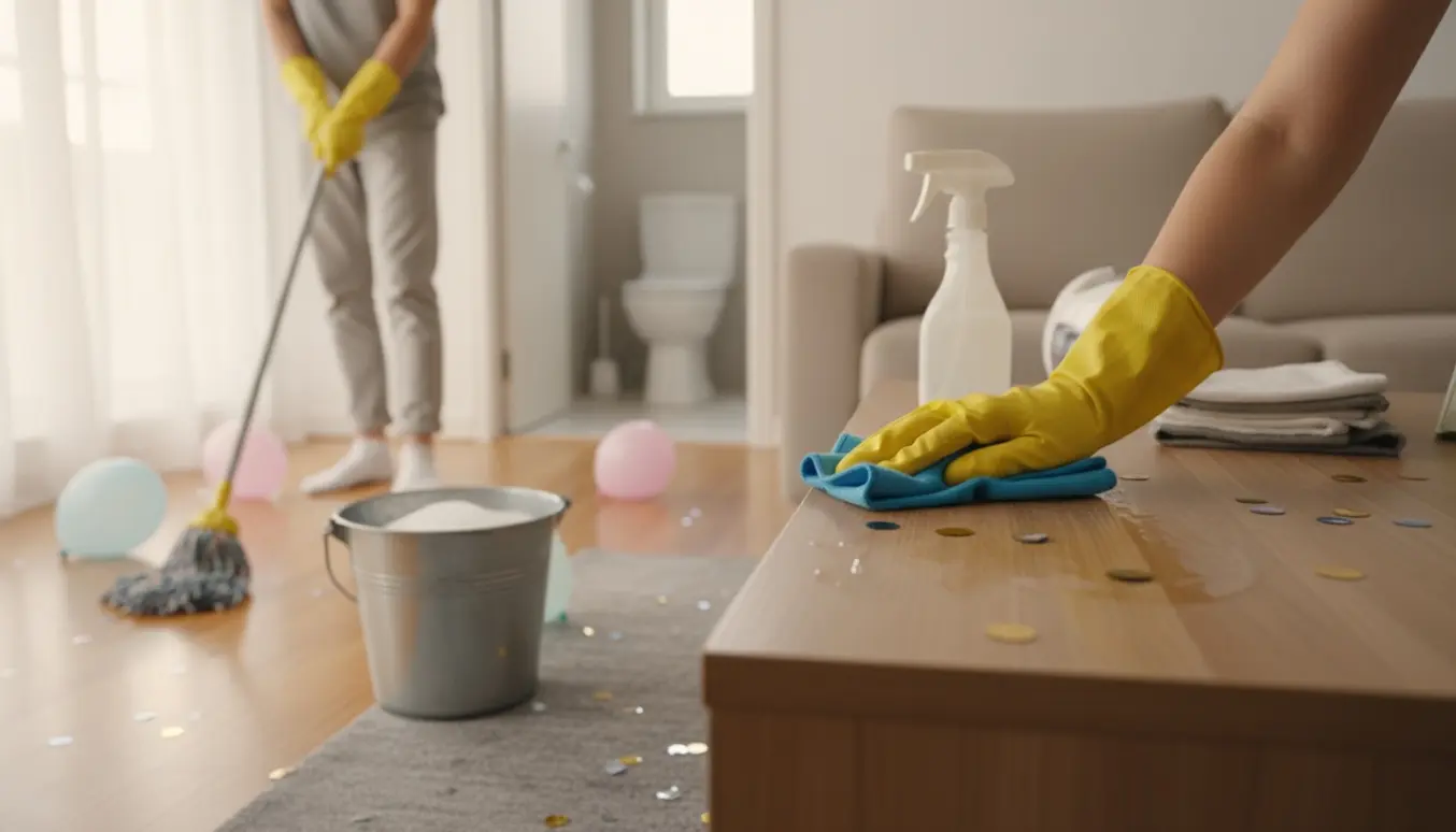 Person vasker gulv og tørrer overflader i en lys lejlighed efter en fødselsdagsfest.