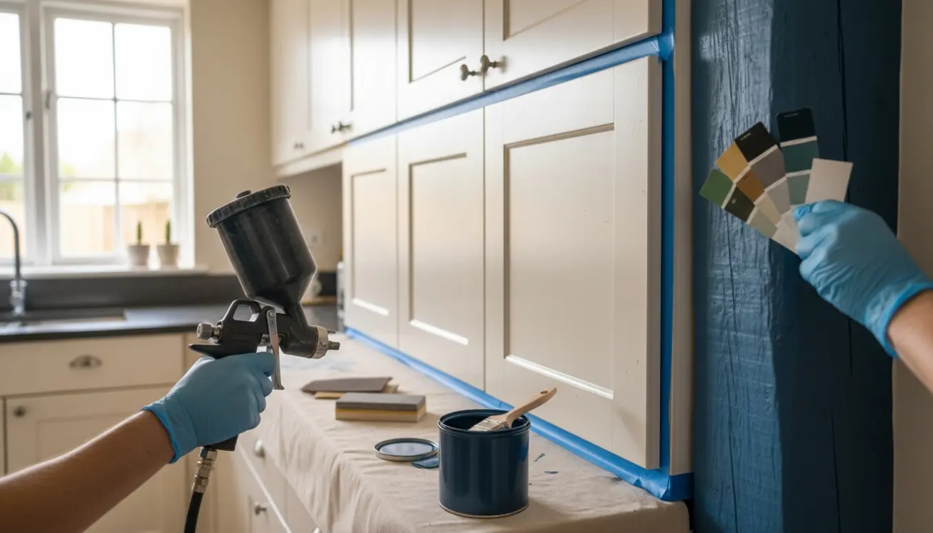 Hænder i handsker forbereder spraymaling af hvide IKEA-køkkenlåger med farvekort for at matche blå bjælker.