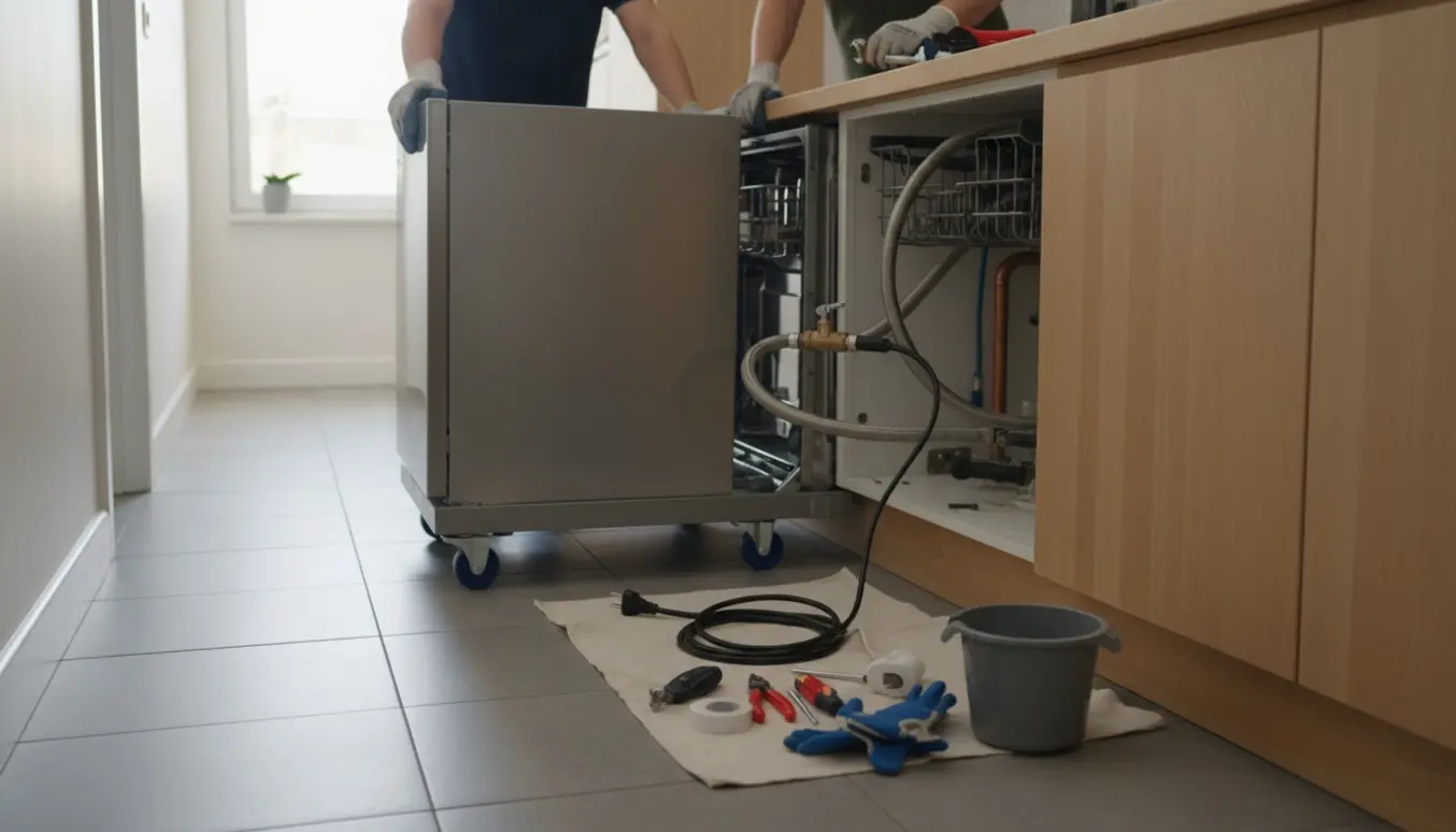 Ny opvaskemaskine føres ind i køkkenet mens den gamle trækkes ud og værktøj ligger klar.