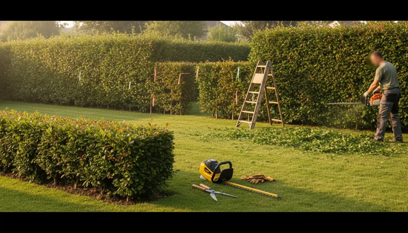 Tre bøgehække i haven under klipning med hækkeklipper, sakse og stige, ingen ansigter synlige.