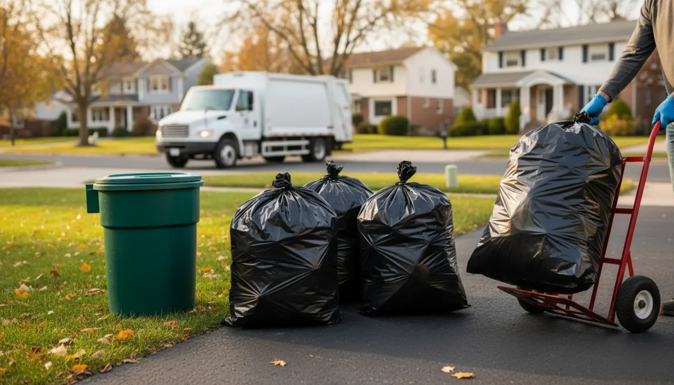 Tre store sorte affaldssække og en sort haveaffaldssæk ved fortovet, mens hænder i handsker løfter den sidste.