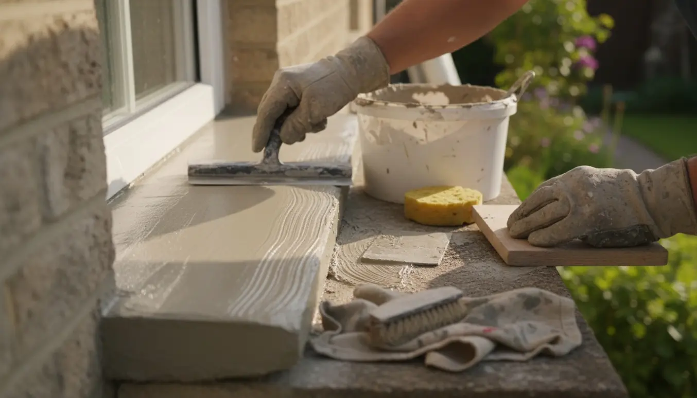 Hænder glatter frisk puds på to udvendige solbænke med glattebræt og spatel.