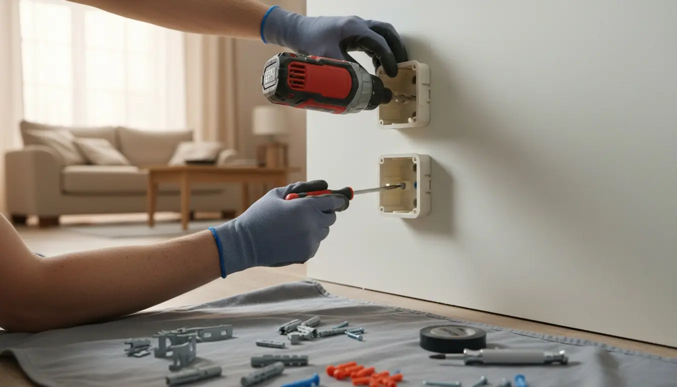 Hænder fastgør to løse stikkontakter i en væg med skruetrækker og monteringsbeslag.