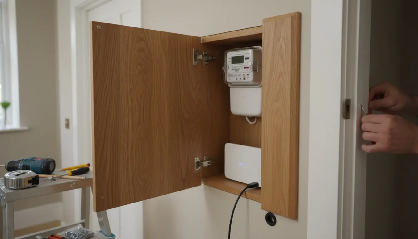 Et åbent træskab over en dørkarm, der skjuler en elmåler og en router med kabelhul i bunden.