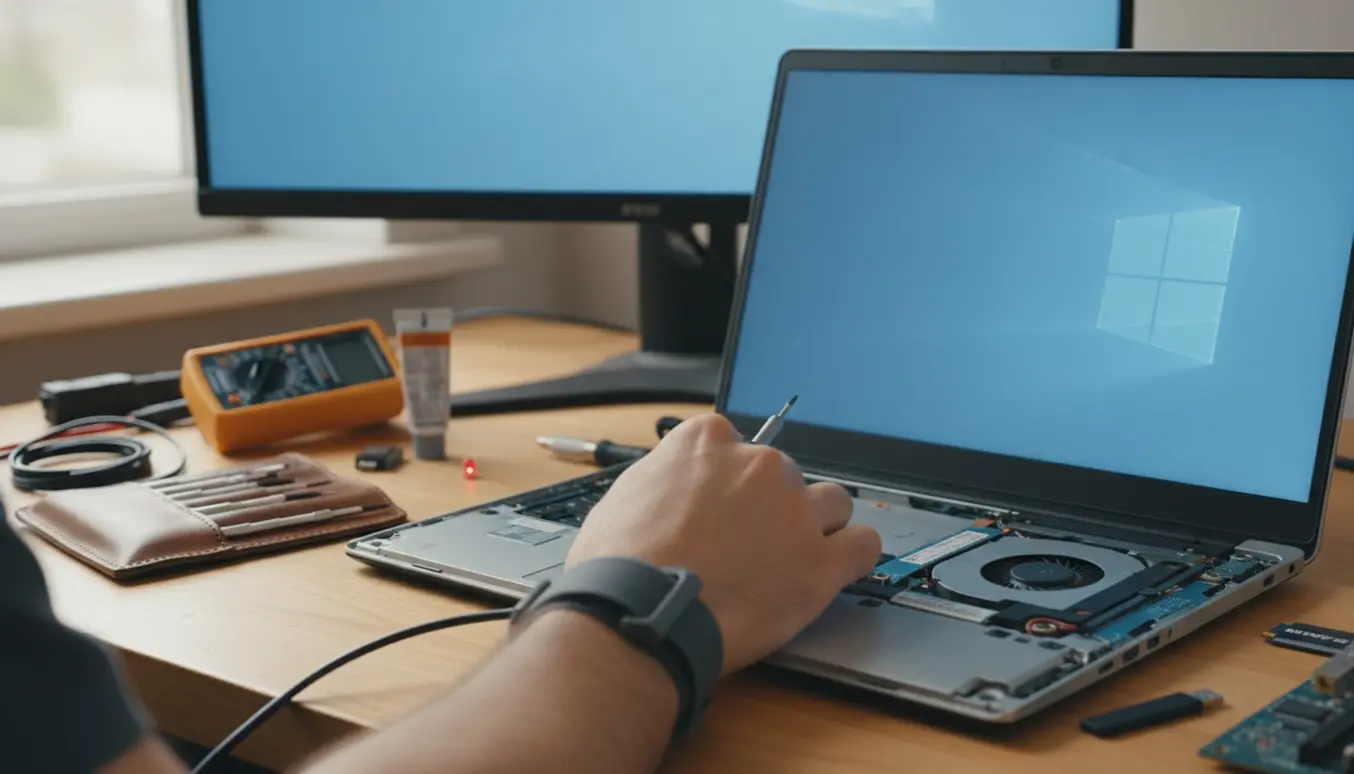 Tekniker undersøger en åben bærbar med blåt skærmslys på et ryddeligt arbejdsbord.