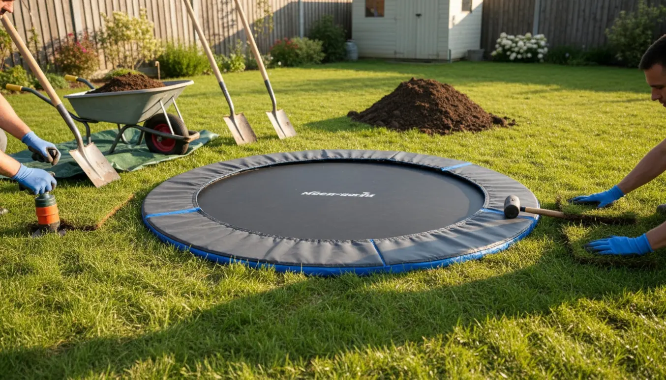 Nedgravning af en rund trampolin i en baghave med skovle, trillebør og en bunke jord i baggrunden.