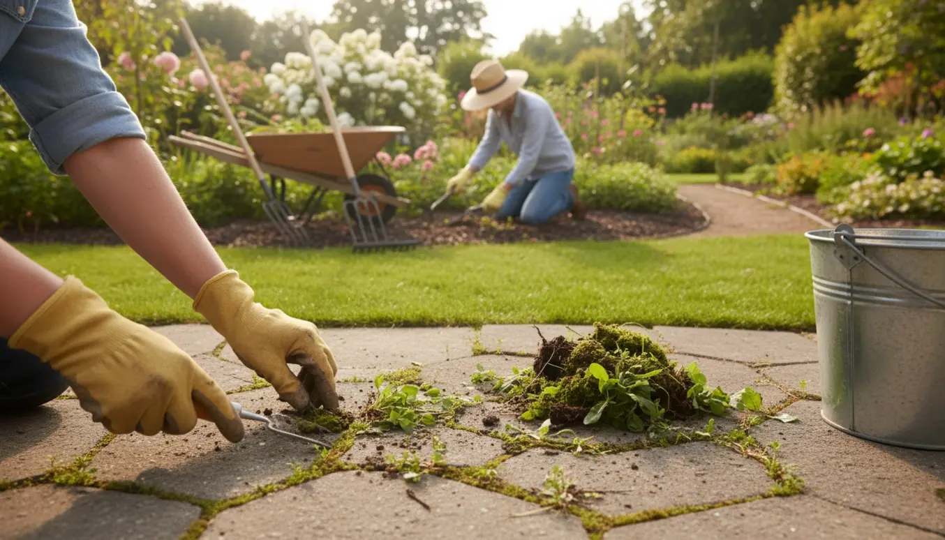 Person luger ukrudt mellem fliser og i bede i en solbeskinnet have med haveredskaber i nærheden.
