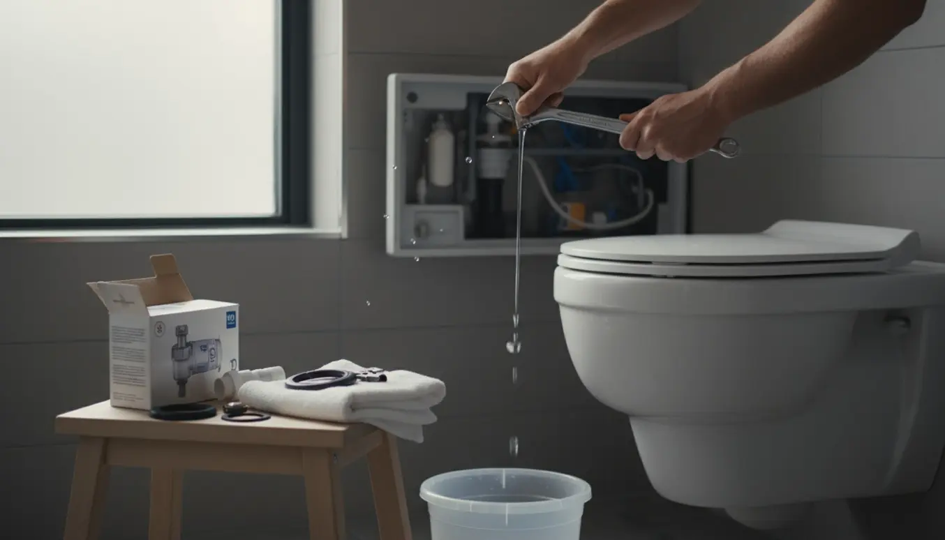 Hænder justerer indmuret cisternes fyldventil i et væghængt toilet mens vandet løber.