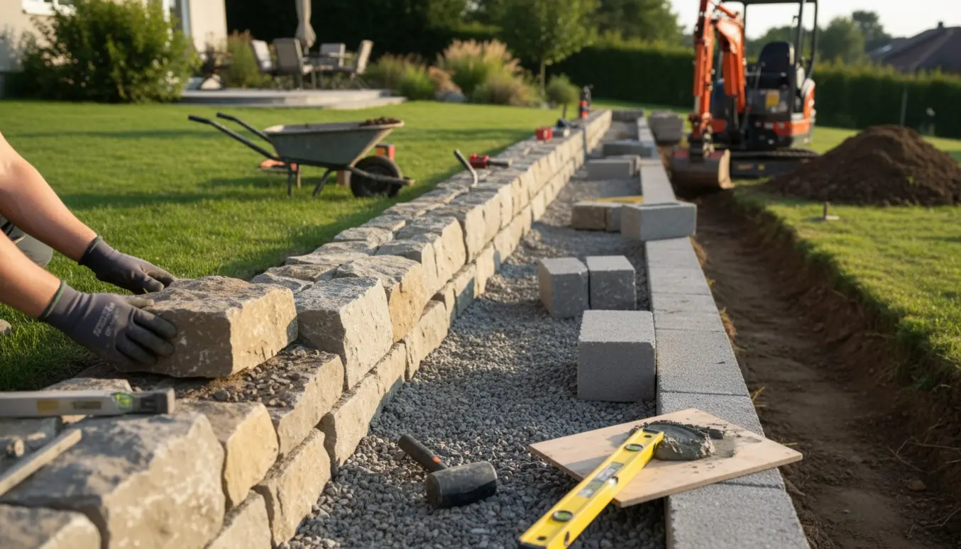 Delvist opført støttemur i en have med stablestene, minigraver og håndværktøj under opbygning.