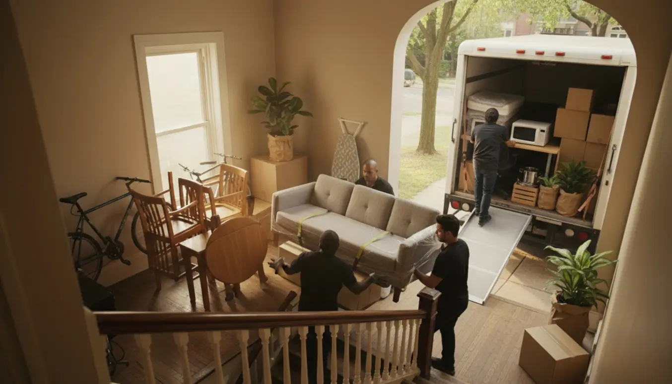 Flyttemænd bærer sofa og madras ned ad en smal trappe mod en ventende flyttebil, med indpakkede cykler, møbler og planter klar til transport.