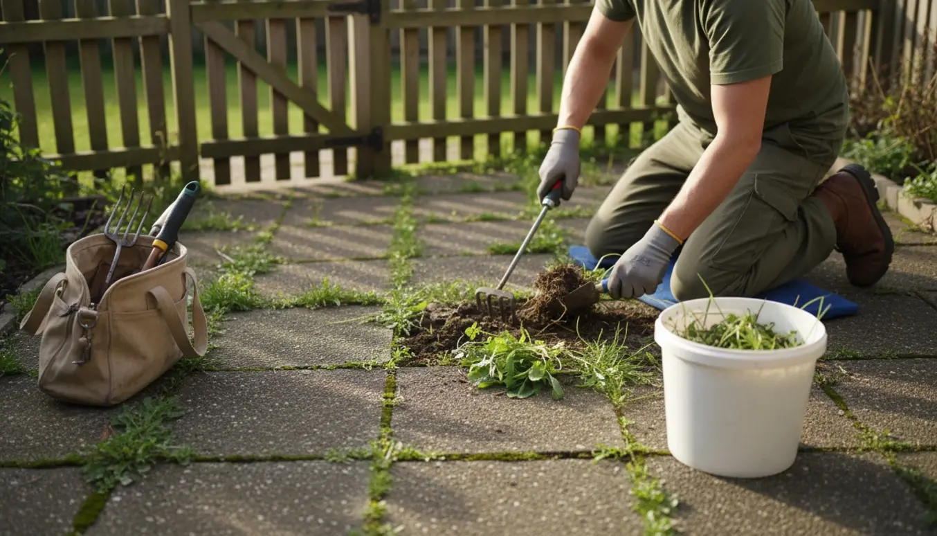 Nærbillede af en lille terrasse med ukrudt i fuge og en person set bagfra, der fjerner ukrudt med håndredskaber.