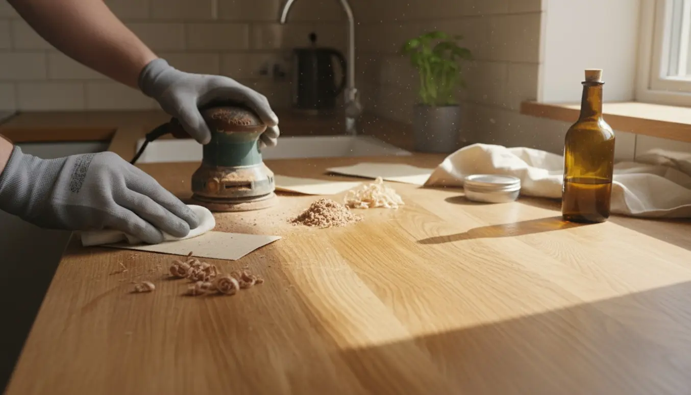 Nærbillede af et træ-køkkenbord under slibning med sandpapir, olie og klude klar til efterbehandling.