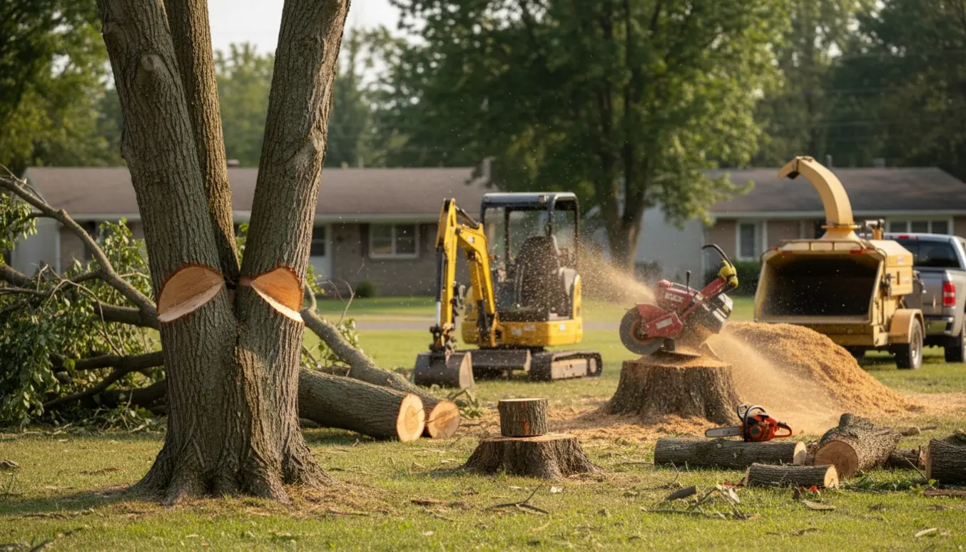 Tre træer fældes og en stump fræses helt ned til fundamentdybde med maskiner og store bunker af flis på en græsplæne.