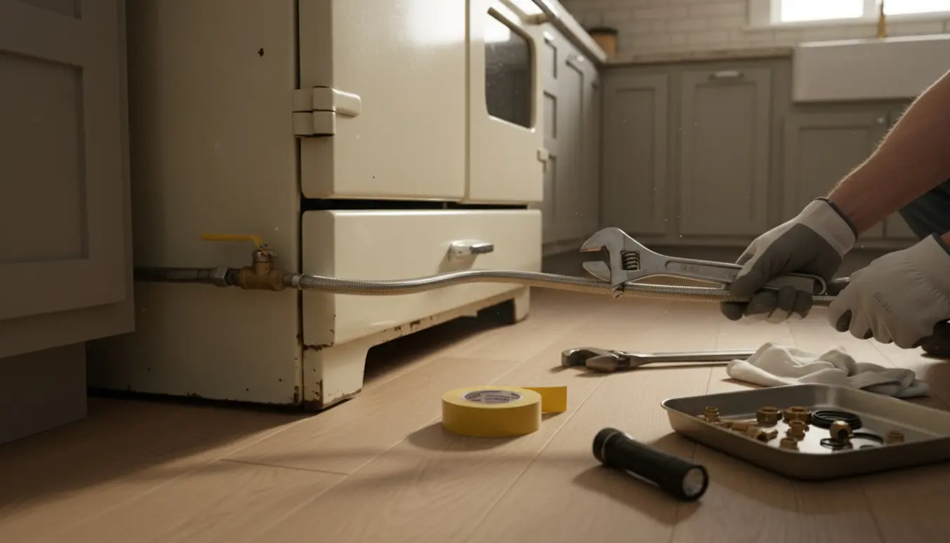 Nærbillede af hænder, der tilslutter en fleksibel gasledning til et gammelt gaskomfur med synlig afspærringsventil og værktøj.