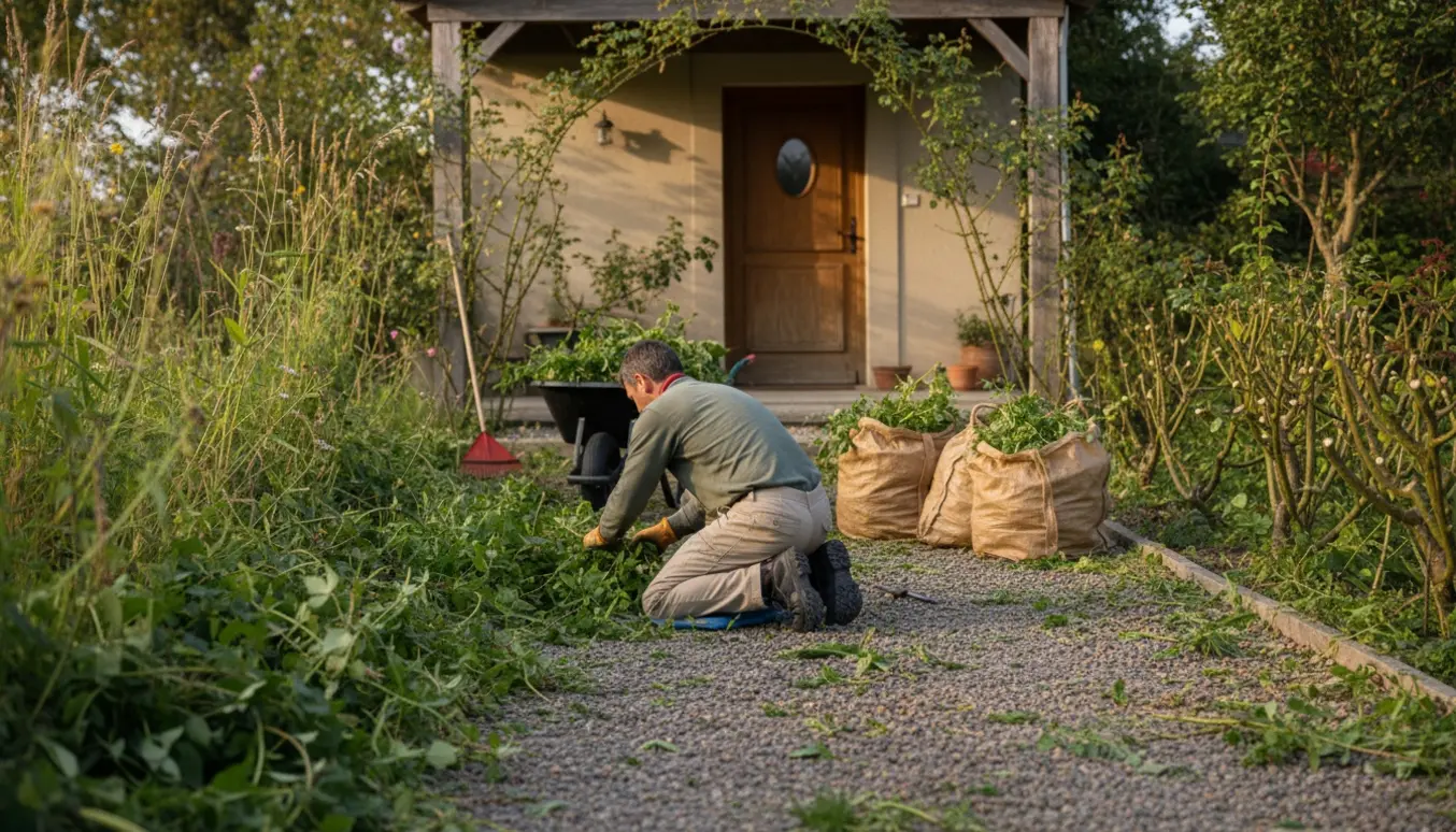 Indgang til ældre bolig hvor gartner fjerner tæt ukrudt fra grussti og samler beskårne grene.