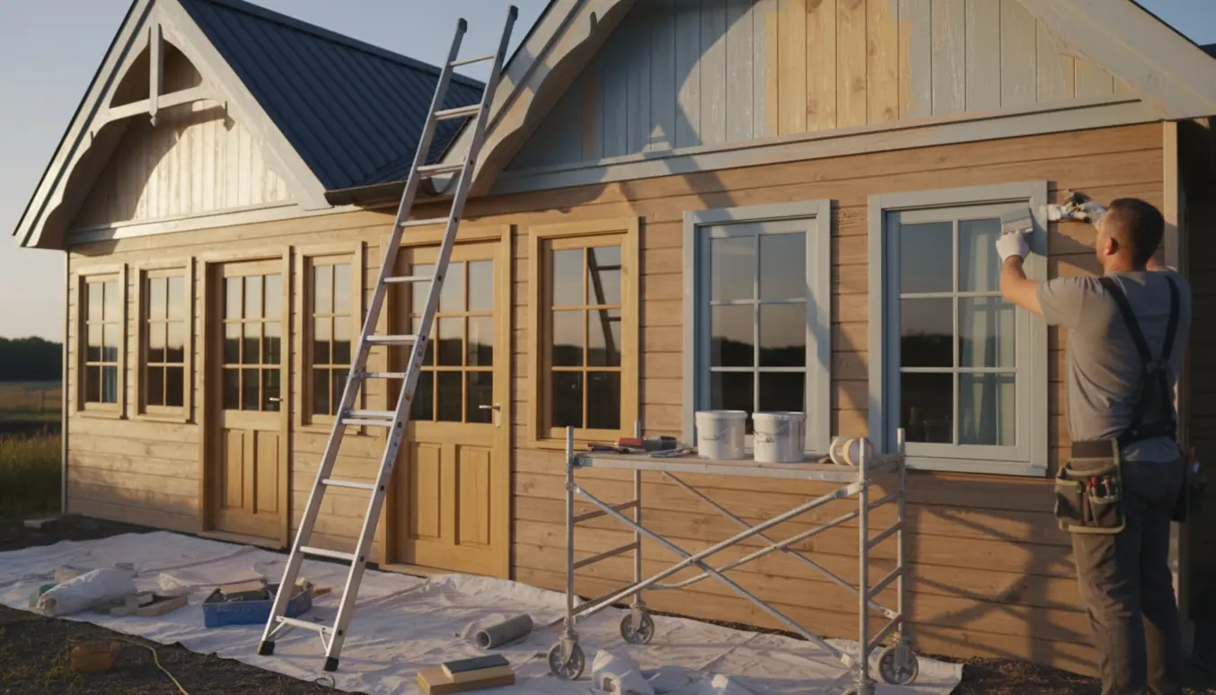 Udadvendig træfacade med to gavle, nymalet vindskede, tre døre og otte vinduer, malerens hænder i arbejde.