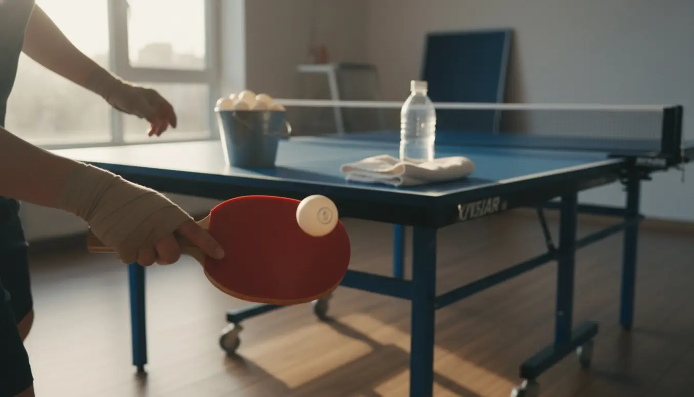 Nærbillede af bordtennis træning med ketcher, snurrende bold og spand med ekstra bolde i et lyst træningsrum.