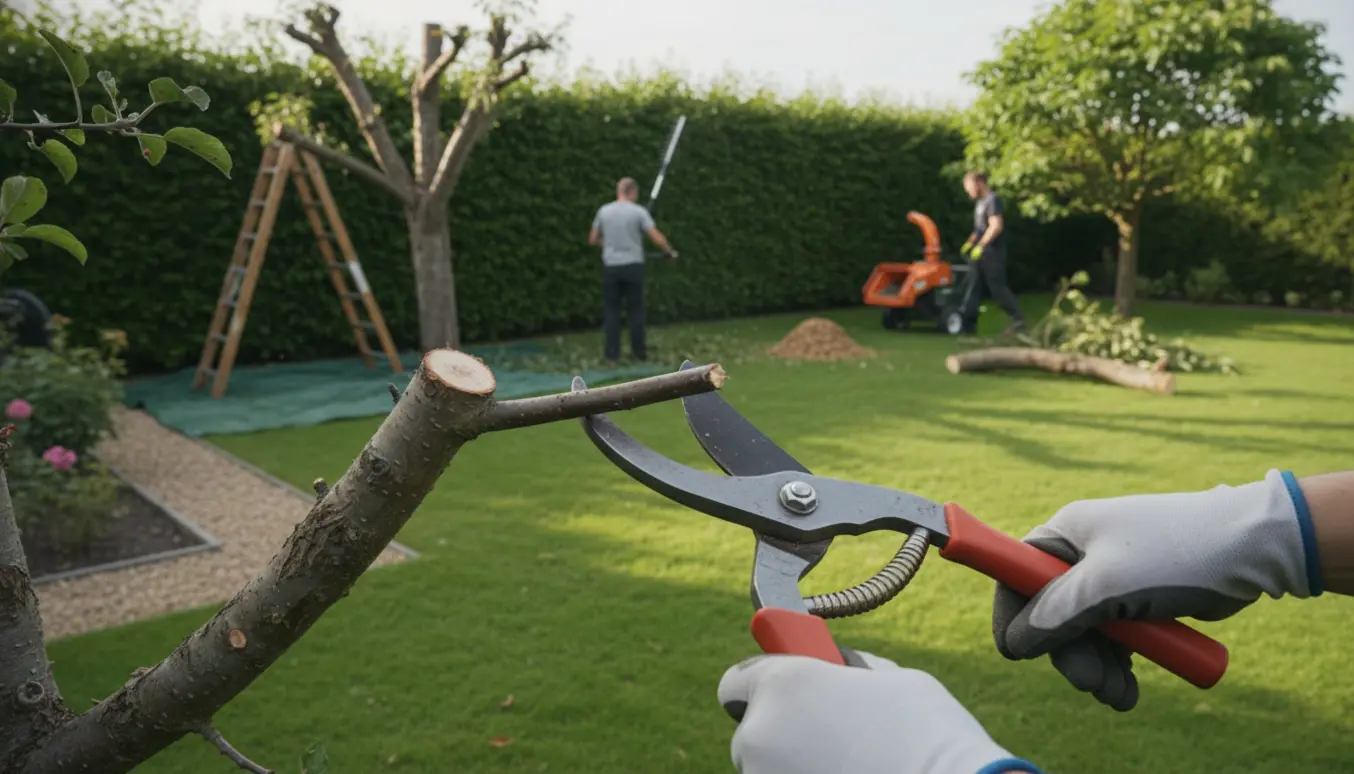 Beskæring af æble- og kirsebærtræer og trimning af en høj hæk med redskaber og en bunke flis.