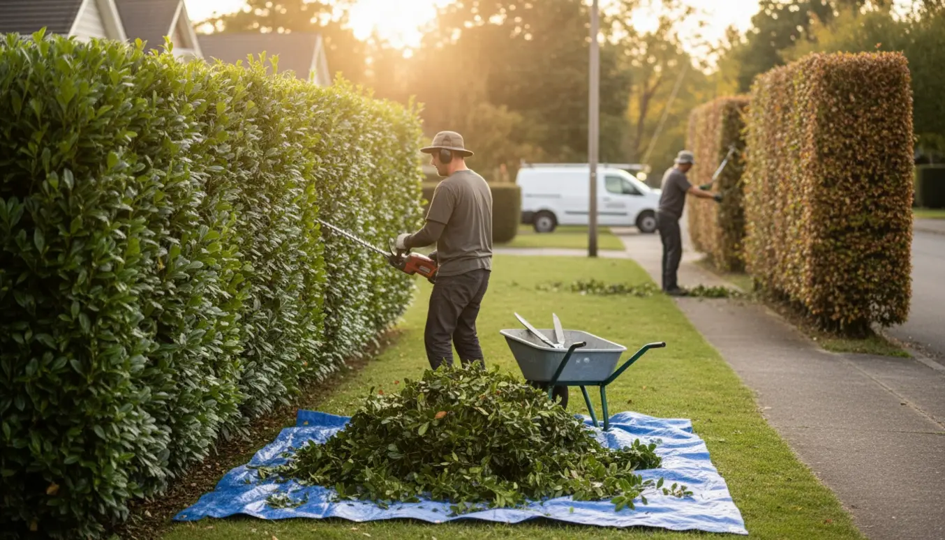 To personer klipper en laurbær- og en bøgehæk langs en villavej, set bagfra uden synlige ansigter.