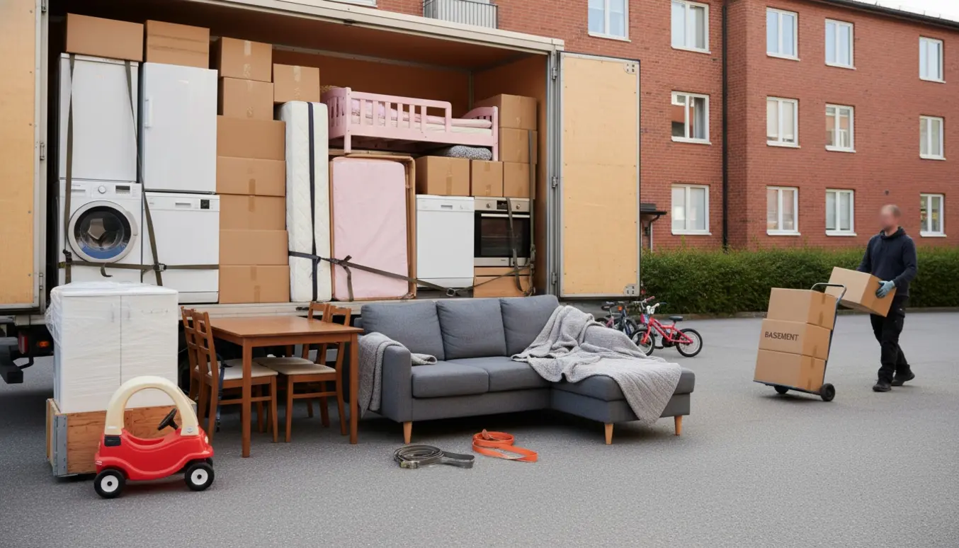 Flyttevogn og stablerede møbler og flyttekasser foran en lejlighed i Hvidovre.