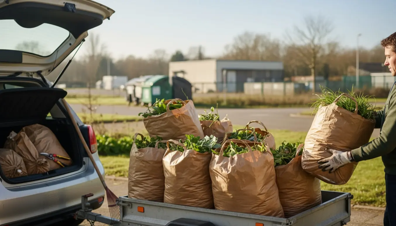 Bil og lille trailer fyldt med sække haveaffald på en solrig villavej klar til kørsel til genbrugspladsen.