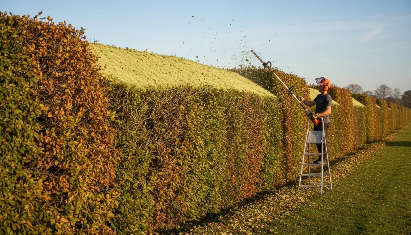 Topklipning af en høj bøgehæk med en person, der bruger en langhækkeklipper, og afklip lagt ved hækkens fod.