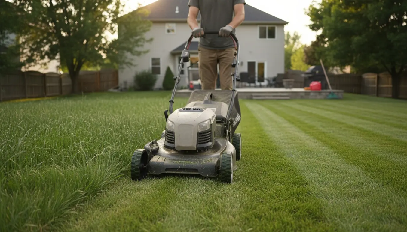 Plæneklipper i arbejde på en stor, solbeskinnet græsplæne med tydelige nyklippede striber.