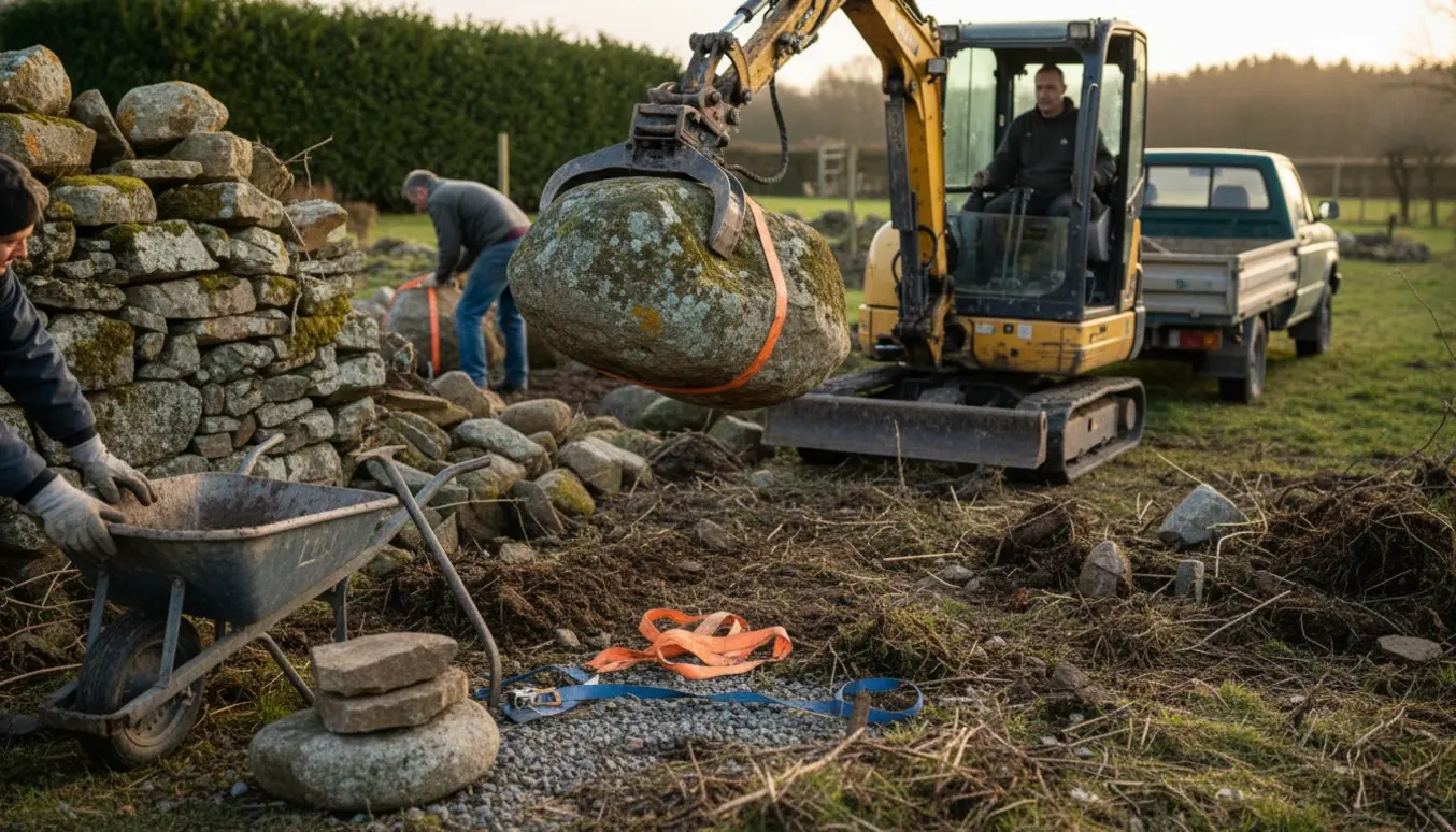 Maskine løfter tunge kampesten op i en trailer ved oprydning af en stensætning.