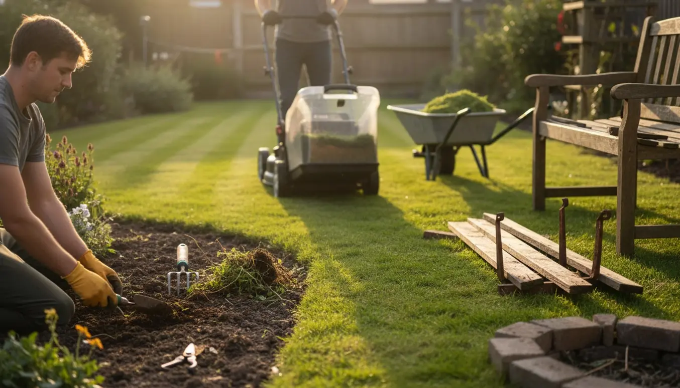 Lille baghave med nyslået græs i opsamler, udkrudt i bede og en gammel bænk og bålsted klar til fjernelse.