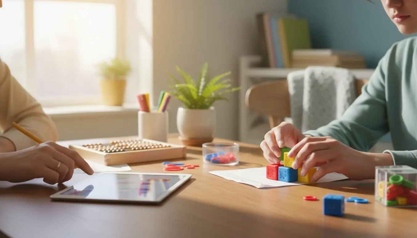 Nærbillede af én-til-én matematikhjælp med hænder, tælleklodser og en sløret opgave på et bord.