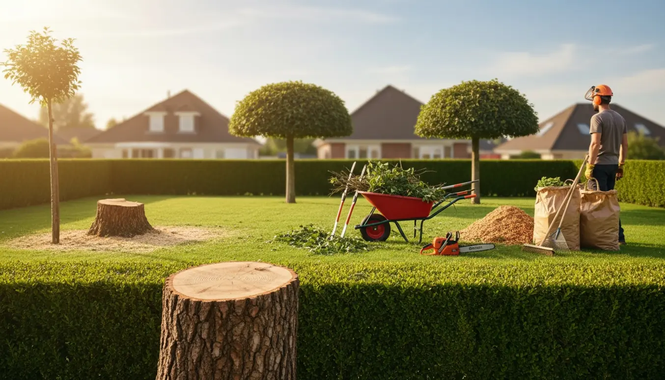 Træstammer og buske beskåret i en have med stubbe i hækhøjde, kort stub ved jorden og to buske klippet til ca. 1 meter.