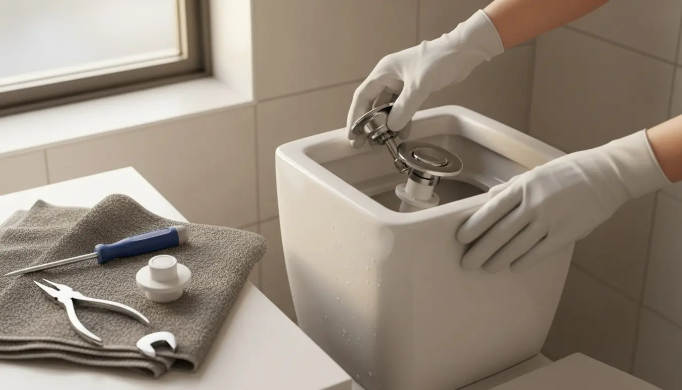 Nærbillede af åbent wc-cistern med løs skylleknap, værktøj og hænder klar til reparation.