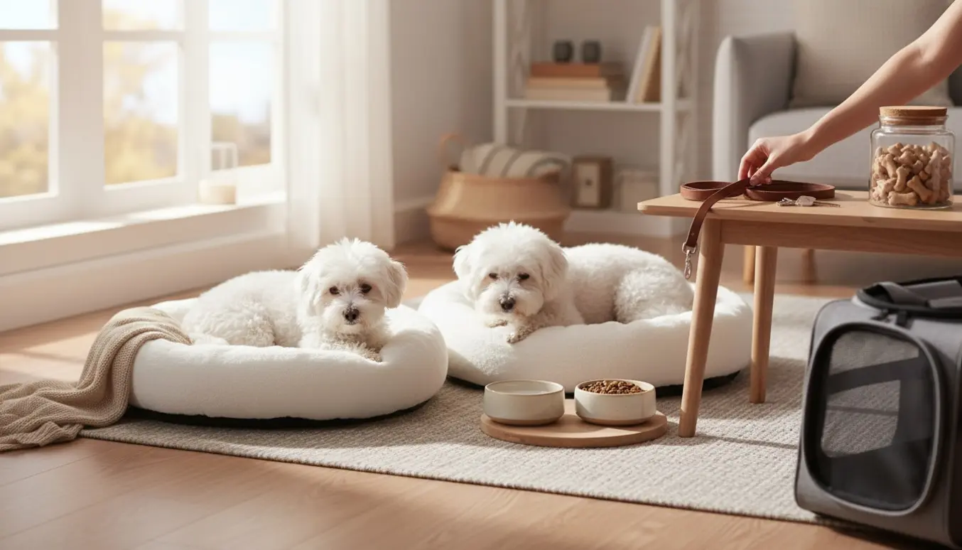 To små hvide Bichon Havanesere i bløde hundesenge i en solbeskinnet stue med skåle og godbidsglas.